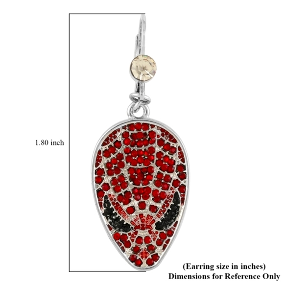 Marvel Spider Man Earrings. Red ruby rhinestones pave, silvertone. Lever back. - Picture 3 of 6